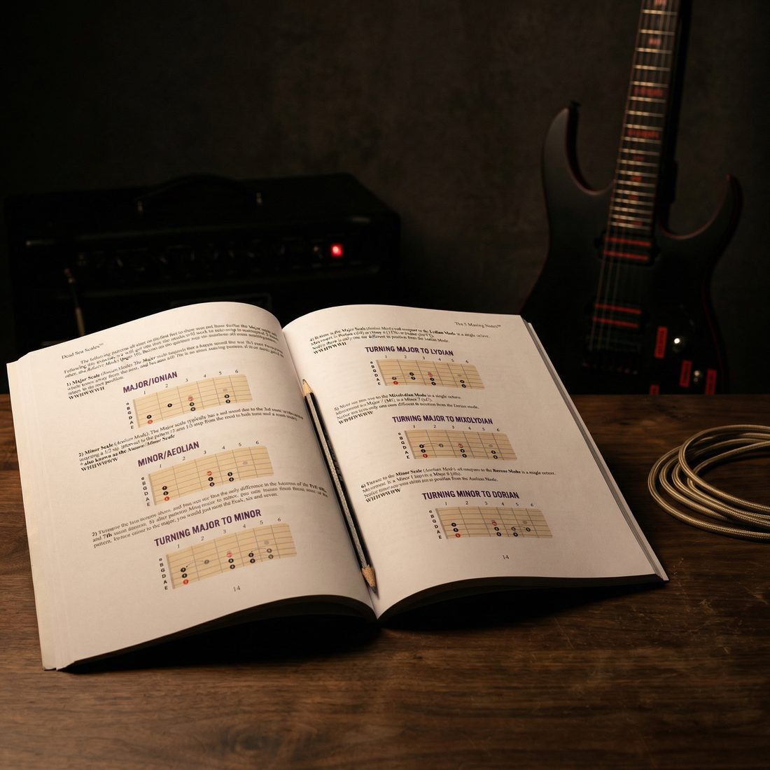 Dead Sea Scales: The 5 Missing Notes — paperback on a desk with guitar and amp