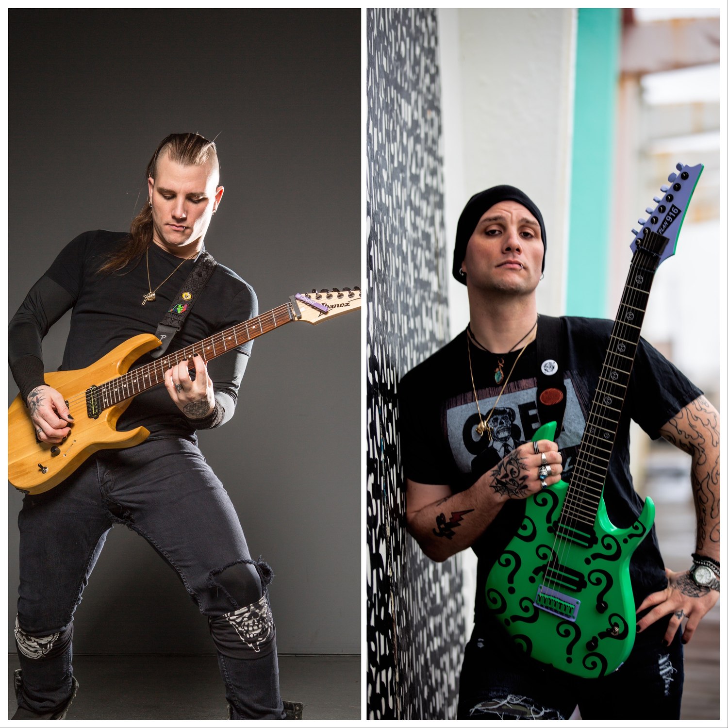 The Riddler before and after: the same Ibanez seven-string as a bare natural body, and finished in green with question marks and purple hardware