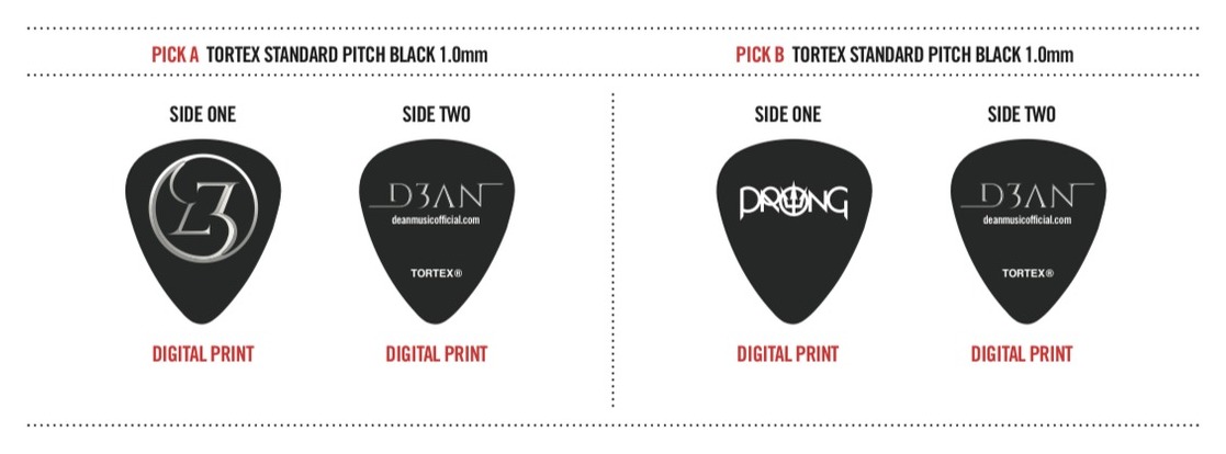 Custom Dunlop Tortex picks printed with the D3AN mark and wordmark